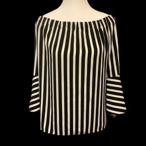 MELANIE LYNE STRIPED 3/4  LENGTH BELL SLEEVE/ OFF THE SHOULDER BLOUSE/ Size 14